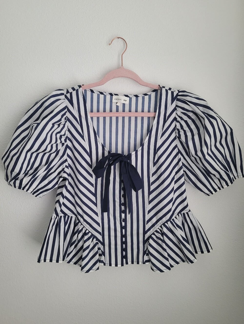 Entro Striped Puff Sleeve Peplum Top Large Navy Blue White Bow Accent Button